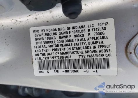 2012 Honda Civic Lx из США, поврежденный, VIN 19XFB2F57CE099897